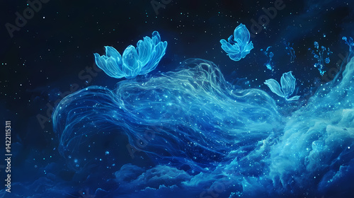 Obraz na płótnie Gossamer threads of blue fire connect the cosmos, mystical, blue. Gossamer Cosmos. Illustration w salonie