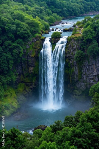 a view of a waterfall in the middle of a lush green forest