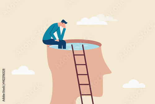 Psychology, mindset or thinking process, thought or imagination, wisdom or intelligence brain, solving problem or mental and emotional concept, contemplation thinking man climbing to sit on his brain.