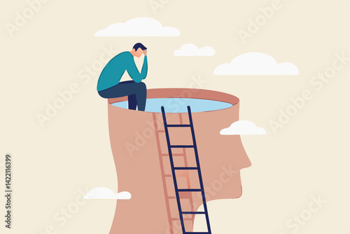 Psychology, mindset or thinking process, thought or imagination, wisdom or intelligence brain, solving problem or mental and emotional concept, contemplation thinking man climbing to sit on his brain.