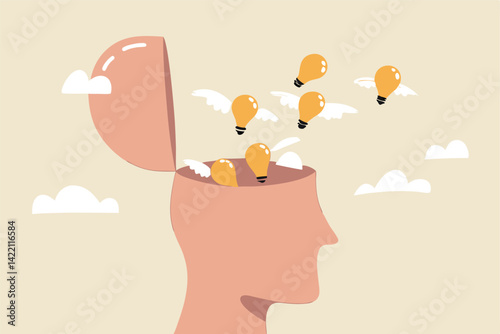 Idea generation, develop new idea or solution to solve problem, thinking process to generate creativity or answer, learning or brainstorm concept, bright lightbulb ideas flying from genius human head.