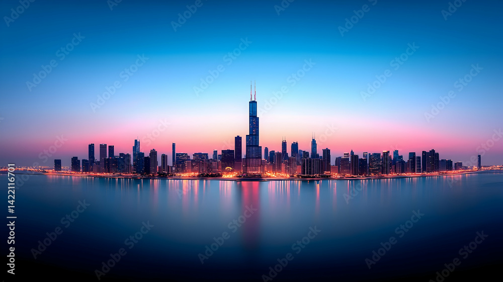 Fototapeta premium City Skyline at Sunset with Water Reflection