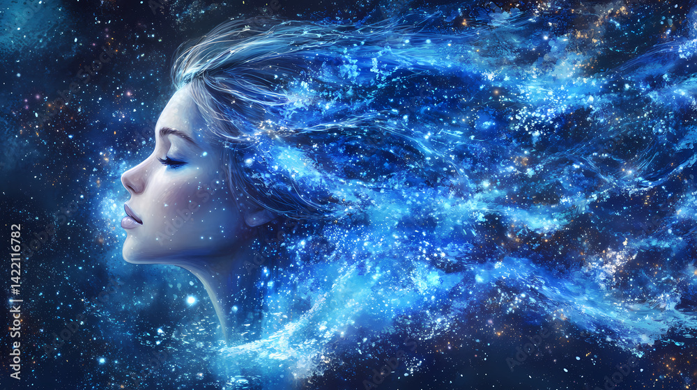 Gossamer threads of blue fire connect the cosmos, mystical, blue. Gossamer Cosmos. Illustration