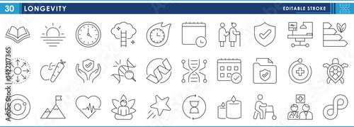 A set of line icons related to Longevity. Age, sun, heartbeat, calendar, deadline, elderly, shield, healthcare, DNA, and so on. Vector editable stroke.