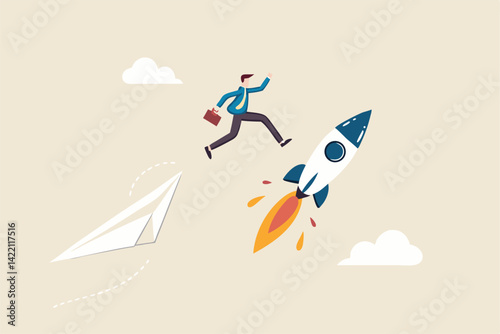 Change to better company, innovation to help success or career change to new path, alternative way or direction concept, ambitious businessman jump from old origami airplane to growing up rocket.