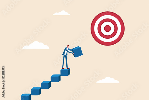 Develop business plan to achieve target, build stair to success or career growth, action plan or effort to reach goal, motivation to reach target concept, businessman building stair to reach target.