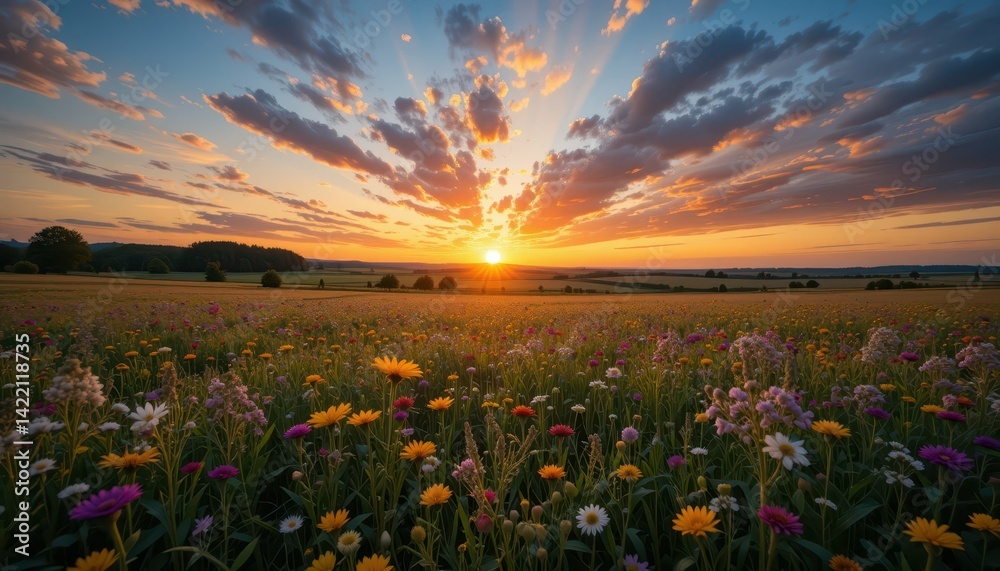 Obraz premium Vibrant Sunset Over Flower Field with Colorful Wildflowers