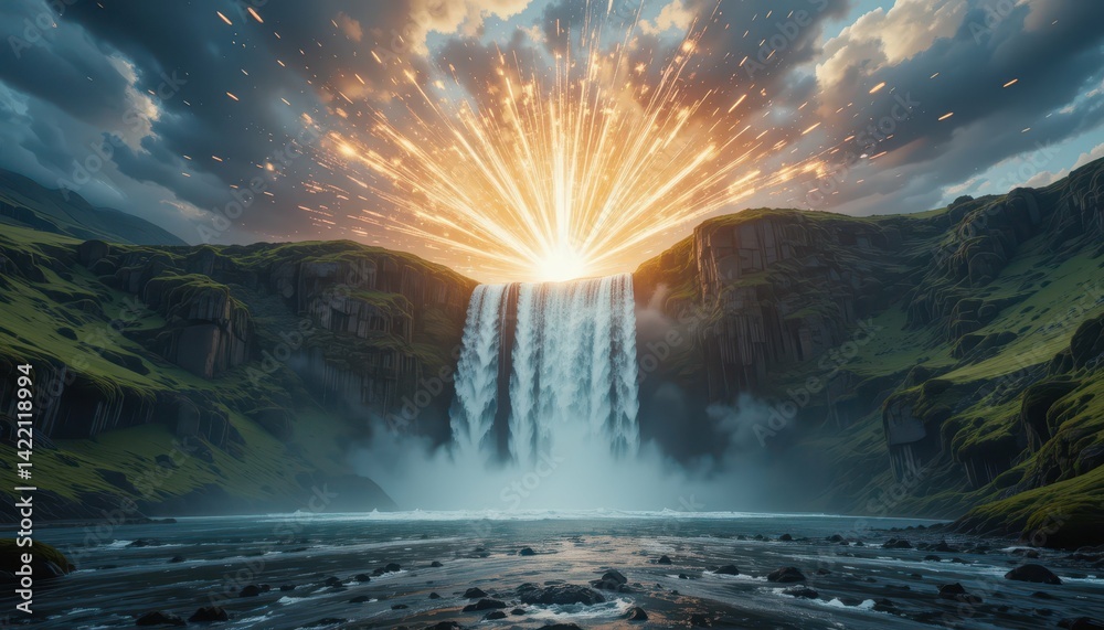Obraz premium Majestic Waterfall with Explosive Sunrise Over Lush Green Landscape