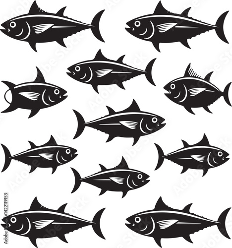 Collection of Ten Black Silhouette Tuna Fish