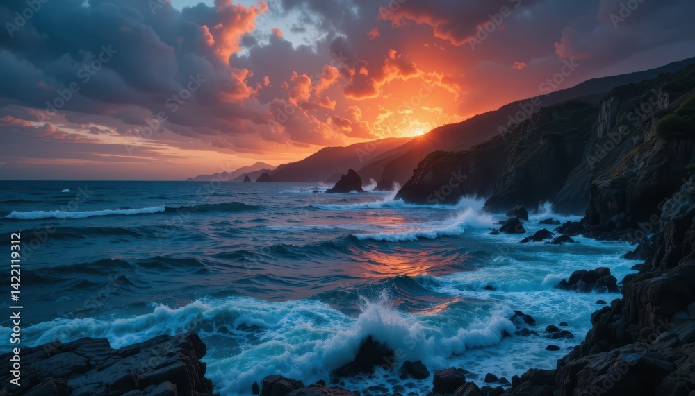 Fototapeta premium Majestic Sunsets Over Rugged Coastline with Dramatic Cloudscape