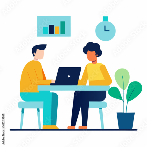 Two People Working and Talking in Open Space Office Vector on White Background