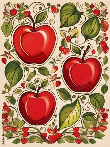 A Charming Illustration of Red Apples and Leaves