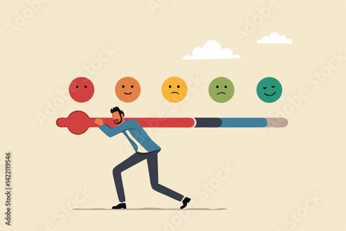 Dissatisfaction, dislike or negative feedback, angry customer or dissatisfied employee, angry review, disappointment rating or complaint concept, man pushing rating bar to dissatisfaction level.
