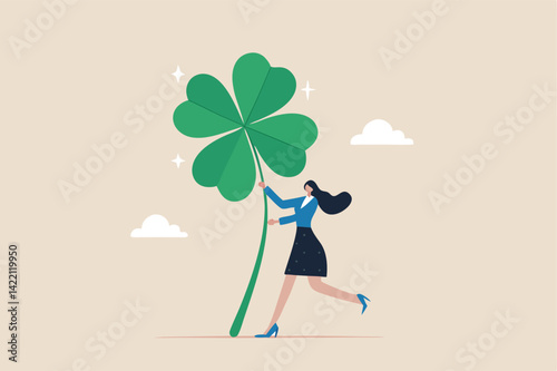 Luck for success, blessing for work opportunity, fortune or chance, good luck or happiness concept, lucky businesswoman with crossed finger gesture holding lucky clover leaf