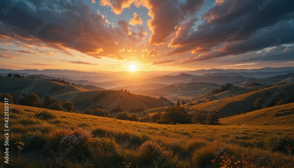 Fototapeta premium Serene Sunset Over Rolling Hills with Colorful Sky and Clouds