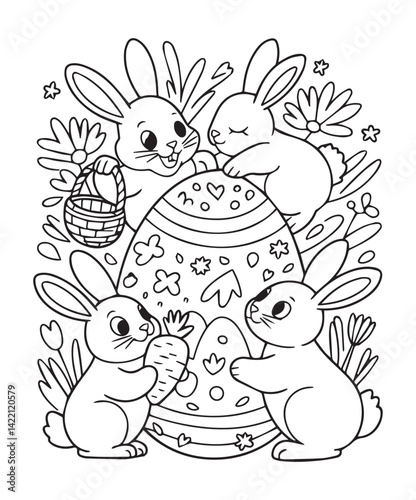 Cute easter bunny with eggs coloring page for kids, black line art vector illustration on white background