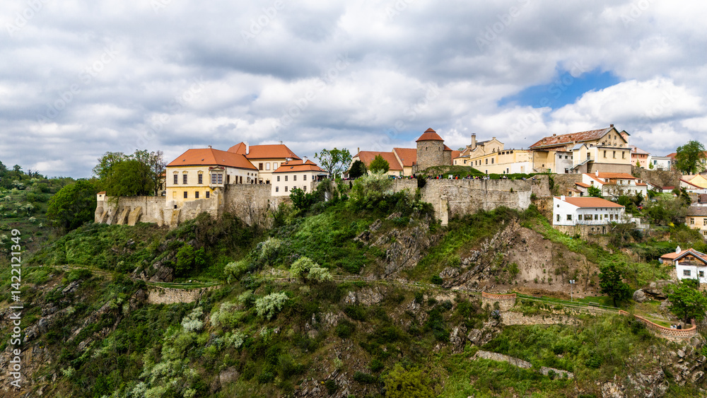 drone flyover of znojmo’s historic architecture and river valley