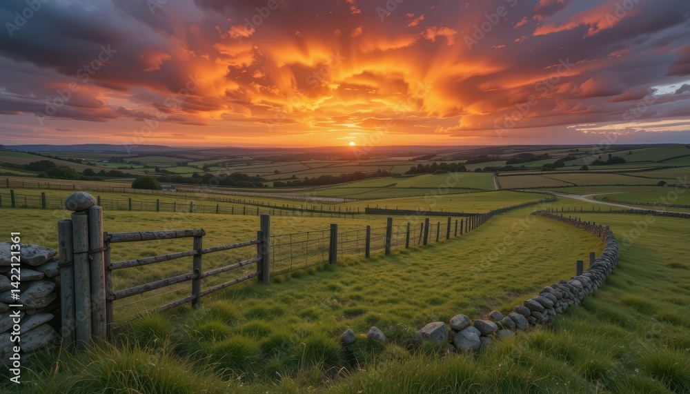 Obraz premium Breathtaking Sunset Over Rolling Hills with Dramatic Cloud Colors