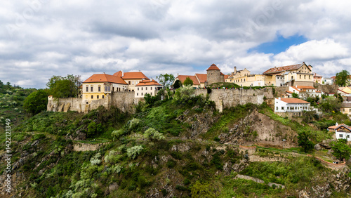 Obraz na płótnie drone flyover of znojmo’s historic architecture and river valley w salonie
