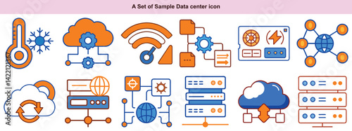 Web Data Center Icons Vector Set: Cloud, Servers, Network & More