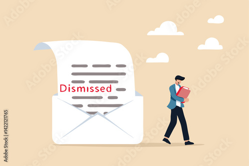Layoff email sending to employee to inform job dismissed or fired, end career or staff layoff due to economic recession concept, unemployed businessman walk away from dismissed email with his stuff.