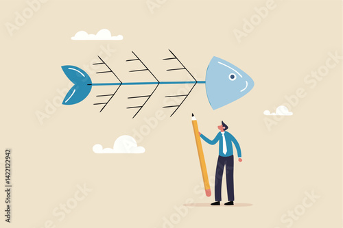 Fishbone diagram tool to analyze cause of problem, root cause analysis or finding solution to solve problem, analyze effect or impact concept, businessman drawing fishbone diagram to analyze problem.