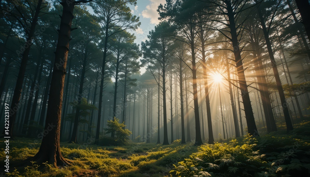 Obraz premium Sunlight Streaming Through Trees in a Misty Forest Landscape