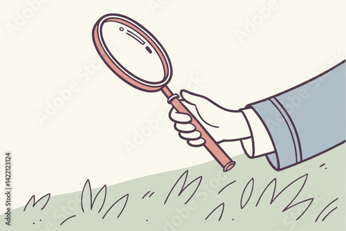 hand holding a magnifying glass. Stock vector.
