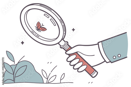 hand holding a magnifying glass. Stock vector.