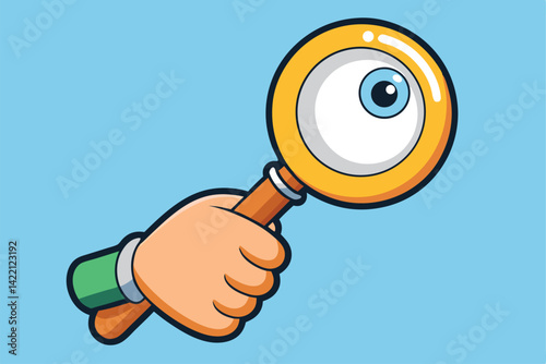 hand holding a magnifying glass. Stock vector.