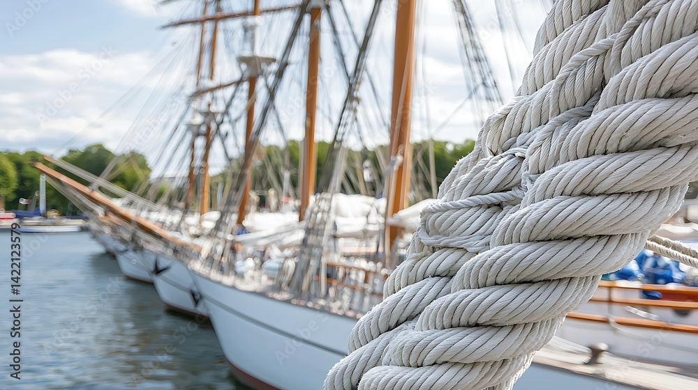 Obraz premium Close-Up of Rope Knots on a Sailboat in Tranquil Harbor Setting