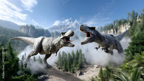 Two Tyrannosaurus Rex Dinosaurs Confronting Each Other in a Misty Mountain Valley Landscape