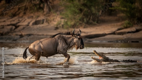  A wildebeest narrowly escapes a crocodile in a river crossing
