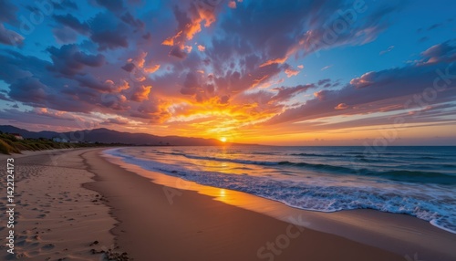 Serene Sunset Over Tranquil Beach with Colorful Clouds and Waves