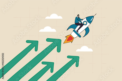 Financial growth, innovation boost profit or sales, increase investment earning or stock market rising up, growing business for success concept, businessman riding rocket booster with growth arrow.