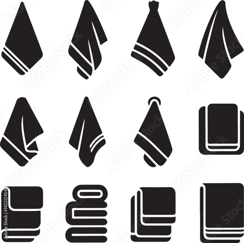 Twelve Black Silhouettes of Folded Towels and Handkerchiefs