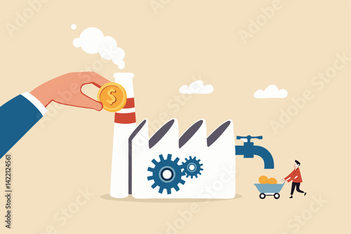 Manufacturing or production to earn profit, industry or factory, make money machine or manufacture concept, businessman put money into factory to earn more profit from production.