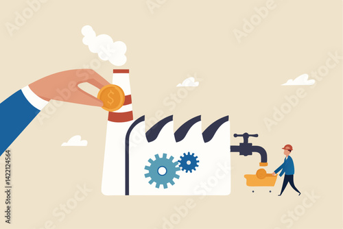 Manufacturing or production to earn profit, industry or factory, make money machine or manufacture concept, businessman put money into factory to earn more profit from production.