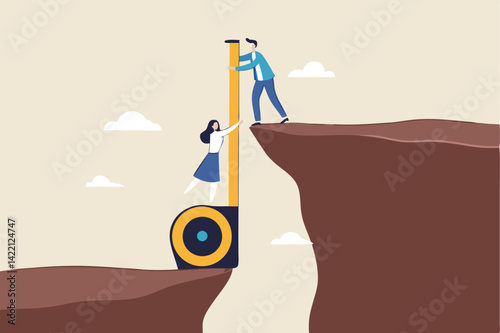 Gap analysis, measuring resources and strategy to reach target, comparison between current state, challenge and obstacle to overcome to success concept, business people measuring gap between cliff.