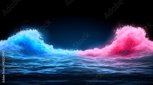 Abstract Pink and Blue Glowing Waves on Dark Background