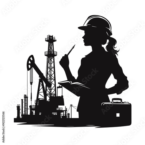 Woman in Hard Hat Contemplating Work at Oil Rig  