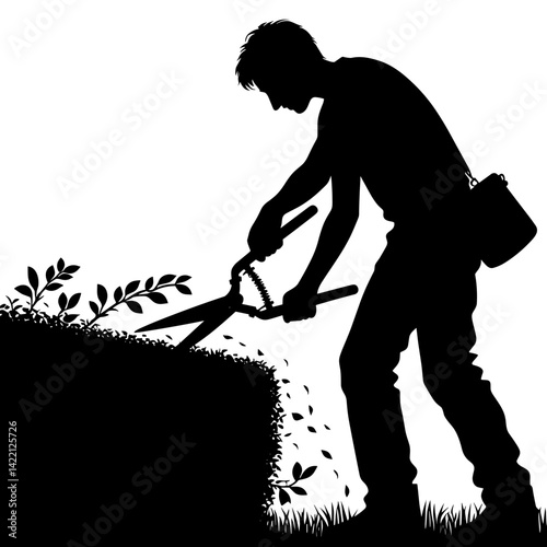 Gardener pruning bushes in silhouette against a white background  