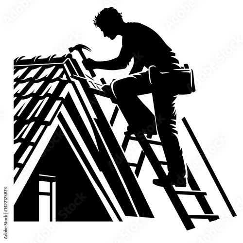 Roofer working with hammer on top of a house roof silhouette  