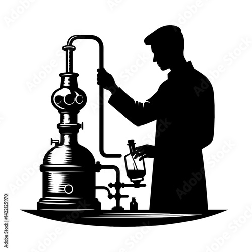 Scientist conducting an experiment with distillation apparatus  