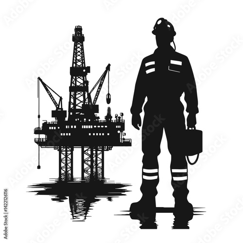 Oil worker standing with an oil rig silhouette background  