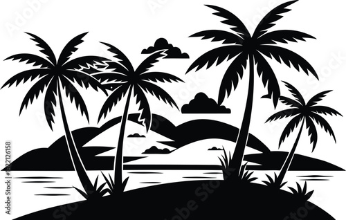 Minimalist Black & White Palm Tree Island Vector – Tropical Silhouette Art