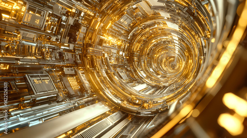Fototapeta Naklejka Na Ścianę i Meble -  A mesmerizing, futuristic tunnel composed of intricate metallic structures, glowing in golden hues, suggesting advanced technology and endless possibilities.