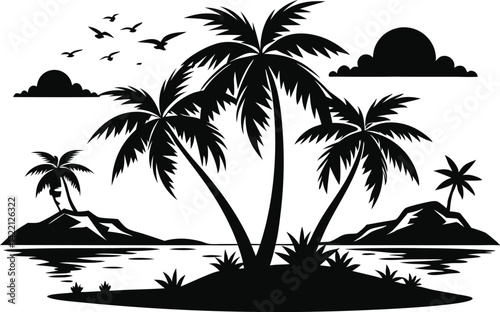 Minimalist Black & White Palm Tree Island Vector – Tropical Silhouette Art