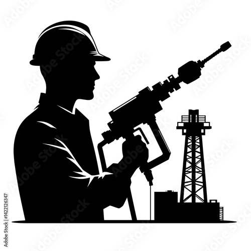 Worker operating drilling equipment against oil rig background  