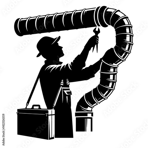 Technician adjusting ductwork with tools in black and white style  